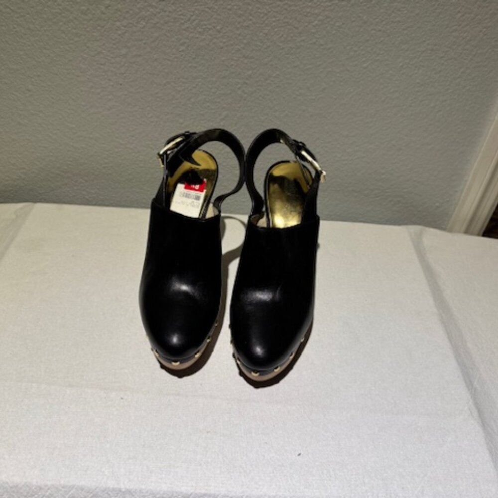 Black Leather Wood-Heel Studded Clogs – Size 8.5 – MK Logo – New (No Box)